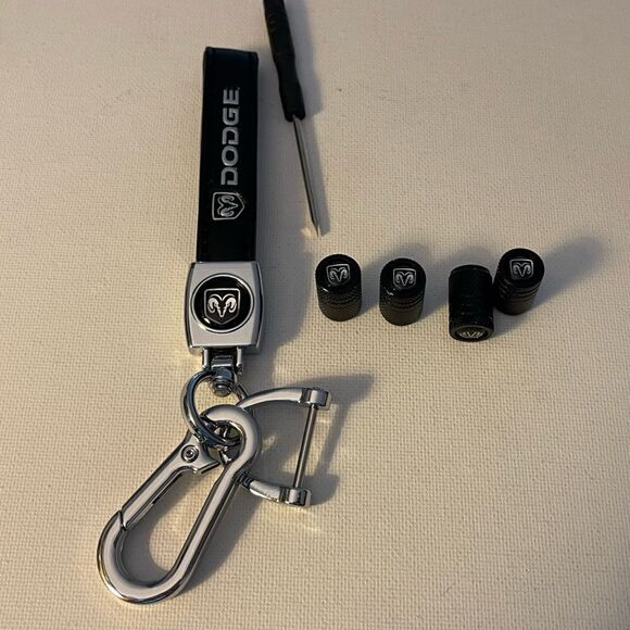 Dodge Logo Key Fob Keychain in Black Leather and Valve Stem Caps in Black NWT - Picture 2 of 5